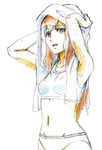  armpits arms_up bad_id bad_pixiv_id color_trace colored_pencil_(medium) drying drying_hair long_hair looking_at_viewer makise_kurisu midriff oyashirazu panties production_art red_hair simple_background sketch smile solo sports_bra steins;gate towel traditional_media underwear underwear_only white_background 