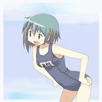  animated animated_gif blue_eyes blue_hair bouncing_breasts breasts hair_ornament hairclip hand_on_hip hangaku leaning_forward mahou_shoujo_madoka_magica miki_sayaka one-piece_swimsuit school_swimsuit short_hair small_breasts smile solo standing swimsuit 