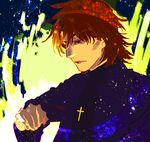  brown_eyes brown_hair cassock coat cross cross_necklace fate/stay_night fate_(series) hali jewelry kotomine_kirei long_hair male_focus necklace solo 
