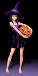  bad_id bad_pixiv_id barefoot black_background black_hair collarbone dress feet flat_chest halloween hands hat highres holding jack-o'-lantern long_hair looking_at_viewer magenta_color original pumpkin purple_eyes shadow solo toes witch_hat 