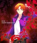  birthday black_eyes dated earrings fate/zero fate_(series) haruna_hisui jacket jewelry male_focus orange_hair purple_jacket smile solo uryuu_ryuunosuke 