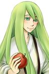  abaishumei androgynous apple bad_id bad_pixiv_id blush enkidu_(fate/strange_fake) fate/strange_fake fate_(series) food fruit green_eyes green_hair long_hair male_focus solo 