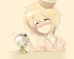  ^_^ alternate_costume blonde_hair blush blush_stickers character_doll chibi closed_eyes dress harusame_(unmei_no_ikasumi) hat konpaku_youmu lunasa_prismriver multiple_girls pink_dress short_hair skirt smile sword touhou vest weapon 