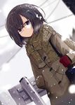  bag black_hair blue_eyes bob_cut coat copyright_request dutch_angle earbuds earphones glasses gloves guard_rail hand_in_pocket looking_at_viewer mittens plaid red-framed_eyewear scarf school_bag short_hair snow snowing solo sukima_(crie) toggles 
