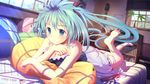  barefoot blue_eyes blue_hair blush breasts cleavage guitar hatsune_miku highres hirokoza indoors instrument leg_up long_hair lying musical_note on_stomach pen pillow shelf shirt skirt small_breasts smile solo vocaloid window 