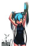  aqua_hair armpits arms_up bad_id bad_pixiv_id closed_eyes hair_flowing_over hair_spread_out hair_tousle hands_in_hair hatsune_miku highres long_hair rias-coast simple_background solo twintails vocaloid white_background 