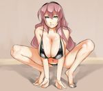  bikini black_bikini blue_eyes breasts cleavage eu03 frown hairband hanging_breasts huge_breasts long_hair looking_at_viewer megurine_luka navel pink_hair sketch solo squatting swimsuit tiptoes vocaloid 