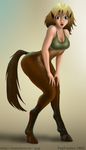  bent_legs big_eyes blonde_hair bottomless breasts brown_eyes brown_fur clothed clothing equine female fur hair half-dressed half_human hooves hybrid ipotane looking_at_viewer mammal open_mouth pointy_ears pop-fusion solo standing surprise transformation 