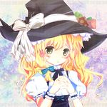  absurdres bad_id bad_pixiv_id blonde_hair blush bow brown_eyes dormo_(mkmog) hair_bow hands_clasped hat hat_bow highres kirisame_marisa own_hands_together solo touhou upper_body white_bow witch_hat wrist_cuffs 