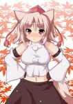  :t animal_ears bare_shoulders blush breasts detached_sleeves hands_on_hips hat inubashiri_momiji large_breasts masiromu midriff navel pink_hair pout red_eyes short_hair skirt solo tail tears tokin_hat touhou wolf_ears wolf_tail 