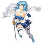  armband belt blue_eyes blue_hair boots breasts cape cleavage commentary_request elbow_gloves full_body gloves large_breasts magical_girl mahou_shoujo_madoka_magica miki_sayaka onsoku_maru simple_background skirt solo sword thighhighs weapon white_background 