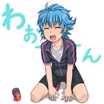  androgynous bike_shorts blue_hair can caryo character_name eyelashes jacket kneeling lowres midori_boushi nishijima_waon open_mouth precure short_hair simple_background smile soda_can suite_precure tomboy track_jacket white_background 