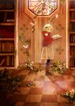  black_legwear blonde_hair book bookshelf boots bow bug butterfly capelet dress flower green_eyes hair_bow insect long_sleeves looking_at_viewer original overgrown pantyhose solo stained_glass tobi_(kotetsu) 