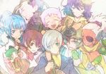  4boys 4girls ange_serena bad_id bad_pixiv_id beret black_hair blue_eyes blue_hair coda_(tales) conway_tau creature dark_skin earrings eyepatch flipped_hair green_hair grey_eyes hat hermana_larmo iria_animi jewelry long_hair multiple_boys multiple_girls nic_(kevin) ponytail purple_hair qq_selesneva red_eyes red_hair ricardo_soldato ruca_milda short_hair smile spada_belforma tales_of_(series) tales_of_innocence tales_of_innocence_r v very_short_hair white_background white_hair 