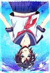  :d air_bubble arms_at_sides blue_eyes blue_skirt brown_hair bubble looking_at_viewer navel neckerchief open_mouth original outline red_neckwear school_uniform serafuku shina_natsume short_hair short_sleeves skirt sleeve_cuffs smile solo underwater upside-down white_outline 
