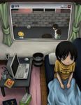  ball black_hair blanket brick_wall cable can cat child computer computer_mouse grey_eyes laptop room shirt short_hair sitting stare staring surreal t-shirt table trash_can trashcan wall window yajirushi_(chanoma) 