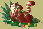  ananas banana bananas blonde_hair blue_eyes breasts brown_background chubby clothing eating exposed eyewear female food fruit glasses hair leaf mammal melon nipples no_background nude overweight plain_background red_panda unknown 