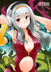  arms_up bare_shoulders blush breasts center_opening cleavage detached_sleeves hairband hands_on_headphones headphones idolmaster idolmaster_(classic) large_breasts long_hair navel red_eyes shijou_takane silver_hair smile solo taka_shida 