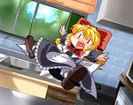  blonde_hair bloomers blush bow bowtie doll dress hair_bow harusame_(unmei_no_ikasumi) heart heart_in_mouth indoors jumping kitchen large_bow long_hair nose_blush open_mouth outstretched_arms shanghai_doll shoes smile solo touhou underwear white_legwear window |_| 