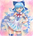  1girl :d armband bow cirno clothes_writing crystal earrings gloves hair_bow jewelry leotard mayo_riyo open_mouth race_queen sample short_hair smile solo thighhighs touhou v-shaped_eyebrows wings 