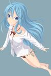  bad_id bad_pixiv_id barefoot black_panties blue_eyes blue_hair denpa_onna_to_seishun_otoko dress_shirt highres long_hair mizunashi_kenichi panties shirt side-tie_panties solo touwa_erio underwear 