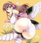  ass bare_shoulders bent_over blush boots breasts brown_hair chacha_(sengoku_taisen) flower hairband heart large_breasts long_hair looking_back purple_eyes sengoku_taisen solo speech_bubble spoken_heart thigh_boots thighhighs trefoil wedge wings 