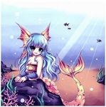  bare_shoulders blue_eyes blue_hair bracelet breasts bubble caustics cleavage coral fish head_fins highres jewelry long_hair md5_mismatch mermaid midna01 monster_girl nanami_(ookami) ookami_(game) ookamiden open_mouth resized sand small_breasts smile solo stone underwater upscaled very_long_hair 