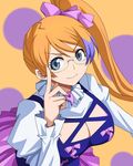  aquarion_(series) aquarion_evol blue_eyes breasts cleavage ebs glasses hair_ribbon large_breasts magatama mix_(aquarion) orange_hair ribbon side_ponytail smile solo 