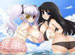  1girl 2girls absurdres anatomical_nonsense ass asymmetrical_docking bad_anatomy bent_over bikini black_bikini black_hair blue_eyes breast_hold breast_press breasts butt_crack eyepatch female from_behind highres huge_breasts ikaruga_(senran_kagura) long_breasts long_hair multiple_girls neko0634 ocean pink_bikini red_eyes senran_kagura senran_kagura_(series) silver_hair solo standing summer swimsuit twintails wet yagyuu_(senran_kagura) 