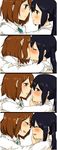  4koma :d aoi_chiruko black_hair blush brown_eyes brown_hair closed_eyes comic couple eye_contact hair_ornament hairclip hand_on_another's_face highres hirasawa_yui imminent_kiss k-on! kiss looking_at_another multiple_girls nakano_azusa open_mouth profile round_teeth school_uniform short_hair smile teeth twintails yuri 