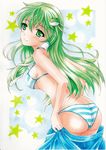  ass bikini frog green_eyes green_hair hair_ornament hair_tubes kochiya_sanae long_hair mikuro solo striped striped_bikini swimsuit touhou undressing 