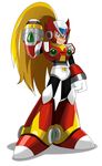  absurdres android arm_cannon arm_up armor blonde_hair bodysuit boots eric_lowery forehead_jewel gloves helmet highres long_hair male_focus pose robot_ears rockman rockman_x shadow simple_background solo standing very_long_hair weapon zero_(rockman) 