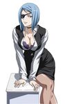  1girl blue_hair bra breasts eyepatch ikkitousen lingerie mouyuu_(ikkitousen) short_hair solo underwear 