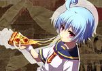  ahoge blue_hair food holding_pizza medaka_box pizza red_eyes school_uniform shiranui_hansode solo soritari 
