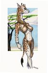  bracelet brian_wear brown brown_fur female fur giraffe jewelry loincloth mammal necklace plain_background solo spots tree white_background wolfgangcake wood 