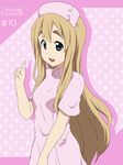  :d blonde_hair blue_eyes character_name hat ikari_manatsu k-on! kotobuki_tsumugi long_hair nurse nurse_cap open_mouth polka_dot polka_dot_background round_teeth smile solo teeth 