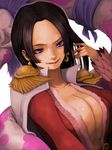  amazon black_hair boa_hancock breasts cape cleavage commentary_request earrings highres jewelry large_breasts long_hair one_piece purple_eyes salome_(one_piece) smile snake snake_earrings yoshida_takanori 