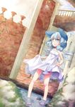  bad_id bad_pixiv_id bare_legs barefoot blue_eyes blue_hair bow chemise cirno dutch_angle hair_bow hamuta0404 highres ice ice_wings short_hair skirt_hold solo touhou wading water wings 