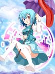  bad_id bad_pixiv_id blue_eyes blue_hair blush cloud day e.o. feet heterochromia highres karakasa_obake open_mouth purple_umbrella red_eyes short_hair skirt sky solo tatara_kogasa thighhighs tongue touhou umbrella white_legwear 