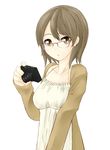  :o bad_id bad_pixiv_id brown_eyes brown_hair camera collarbone dress glasses highres looking_at_viewer nekobaka open_mouth original red-framed_eyewear short_hair simple_background solo sundress upper_body white_background 