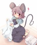 ahoge aki_(akikaze_asparagus) animal_ears barefoot blush capelet dress full_body grey_hair heart jewelry kneeling mouse_ears mouse_tail nazrin pendant red_eyes shirt simple_background smile solo tail touhou white_shirt 