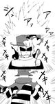  bad_id bad_pixiv_id cape clenched_teeth closed_eyes comic explosion greyscale hamburglar hat highres mask mcdonald's monochrome striped teeth yaza 