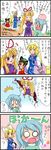  4koma 5girls ? anger_vein animal_ears bag blonde_hair blue_hair blush brown_eyes brown_hair candy cat_ears cat_tail chen closed_eyes comic commentary_request food fox_tail gap hat hat_ribbon head_bump heart highres lollipop multiple_girls multiple_tails patchouli_knowledge purple_eyes ribbon shopping_bag solid_oval_eyes spoken_question_mark spring_onion star surprised tail tatara_kogasa tears touhou translated yakumo_ran yakumo_yukari yellow_eyes yuzuna99 