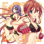  bikini blue_hair brass_knuckles fingerless_gloves gloves green_eyes kaeru_(kaerism) long_hair momoko_(kaeru314) multiple_girls original red_hair ruri_(kaeru314) short_hair swimsuit weapon 