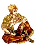  archer_(fate/prototype) armor bad_id bad_pixiv_id blonde_hair bracelet capelet earrings fate/prototype fate_(series) greaves jewelry male_focus muscle necklace red_eyes shirtless sitting vidro5 