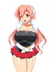  breasts breasts_outside choker cleavage curvy hair_ornament huge_breasts konmori_(kinbou_sokai) long_hair miniskirt muginami open_mouth orange_eyes pink_hair rinne_no_lagrange simple_background skirt solo standing thick_thighs thighs white_background 