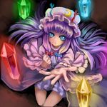  :o absurdres bangs blue_eyes capelet crystal from_above glowing hands hat highres kneeling light long_hair looking_at_viewer looking_up myero outstretched_hand patchouli_knowledge purple_hair solo touhou 