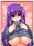  :&lt; alternate_costume areola_slip areolae breasts crescent crescent_hair_ornament hair_ornament highres large_breasts long_hair looking_at_viewer no_bra patchouli_knowledge purple_eyes purple_hair ribbed_sweater shirt_lift simple_background solo sweater tajima_yuuki touhou underboob upper_body 