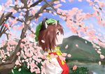  chen cherry_blossoms day highres mountain profile river sky solo touhou tree zzbye 
