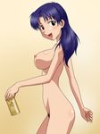  alcohol beer breasts goriate katsuragi_misato large_breasts long_hair neon_genesis_evangelion pubic_hair purple_hair smile 